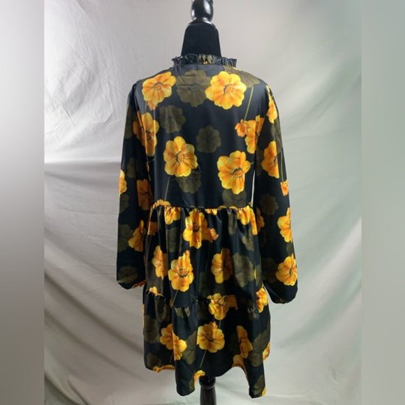 Floral Print Tie Neck Lantern Sleeve Ruffle Hem Smock Dress - Picture 7 of 7